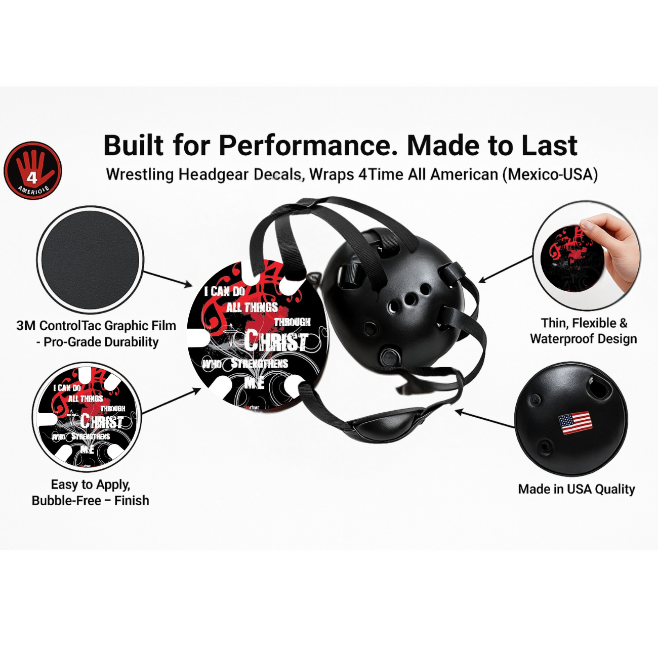 Phil 4-13 RED:  Wrestling Headgear Decals with Headgear, Wraps by 4Time All American