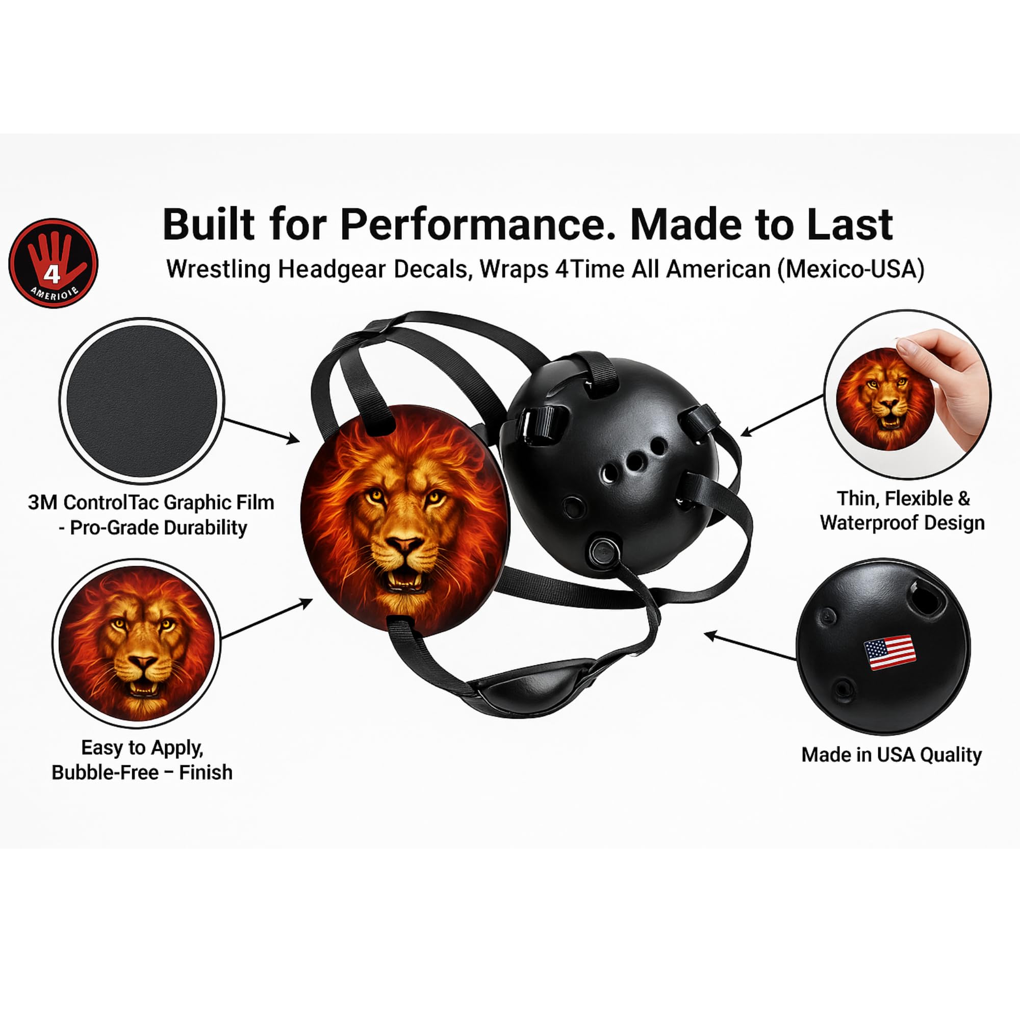 Fire Lion:  Wrestling Headgear Decals with Headgear, Wraps by 4Time All American